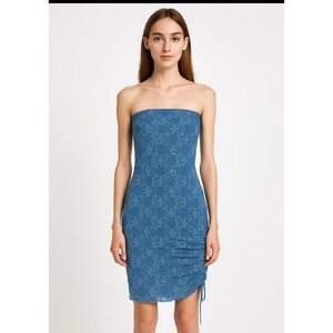 Strapless Lace Bodycon Mini Dress Ruched Side Floral Sheer Overlay Blue Sexy NWT